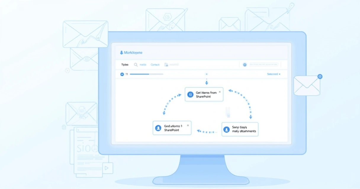 Tela de computador mostrando fluxo de automação no Power Automate com e-mails e anexos
