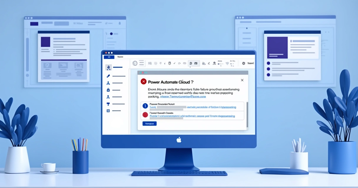 Tela de computador exibindo notificação de erro no Power Automate com interface do Microsoft Teams ao fundo