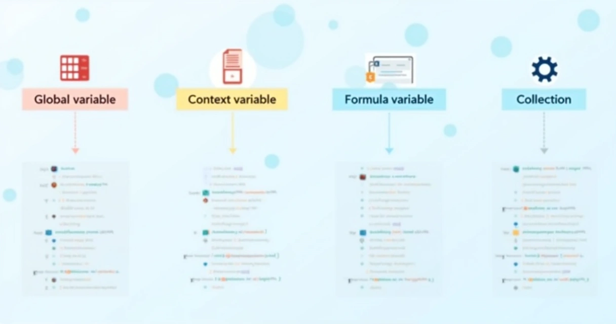 Diagramas ilustrando os quatro tipos de variáveis no Power Apps com exemplos de código